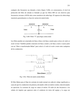 231
cualquier alta frecuencia sea drenada a tierra (figura 3.44b), en consecuencia, el nivel de
protección del filtro de entrada es limitado ya que los filtros RFI no son efectivos para
frecuencias cercanas a 60 Hz tales como armónicos de orden bajo. El supresor de sobrevoltaje
transitorio generalmente es a base de varistor de metal-óxido.
Fig. 3.44b Filtro “T” pasa bajas contra ruido
Los filtros pueden ser conectados de línea a línea o de línea a neutro para rechazo de ruido en
modo normal. También pueden conectarse de línea a neutro y de línea a tierra o usarse junto
con un “filtro o transformador Balun” para reducir el ruido de modo común entre cualquiera
de los conductores.
Fig. 3.44c Filtro de modo común Balun
El filtro Balun pasa el flujo de corriente de modo normal sin caída de voltaje significativa a
causa de que los conductores de potencia, devanados sobre un núcleo común, están devanados
en oposición. La corriente de carga no satura al núcleo. El ruido de alta frecuencia o las
señales de impulso que aparecen entre el conductor de tierra del equipo y la carga son
 