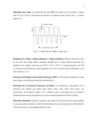 9
Depresión (sag o dip). Una reducción del valor RMS del voltaje o de la corriente a valores
entre 0.1 pu y 0.9 pu a frecuencia de potencia con duración entre medio ciclo y 1 minuto
(figura 1.3).
Fig. 1.3 Depresión del voltaje (voltage sag)
Desbalance de voltaje (voltage imbalance o voltage unbalance). Máxima desviación entre
las tres fases del voltaje trifásico promedio dividido por el voltaje trifásico promedio. Por
ejemplo: si los voltajes entre fases son 230 V, 232 V y 225 V, el voltaje promedio es de 229
V, la máxima desviación del voltaje promedio es de 4 V, de manera que el desbalance es de
100 • (4/229) = 1.7%.
Descarga electrostática (electrostatic discharge <ESD>). Transferencia repentina de carga
entre cuerpos con diferentes potenciales electrostáticos.
Desviación de la frecuencia (frecuency deviation). Un incremento o decremento en la
frecuencia del sistema que puede durar desde varios ciclos hasta varias horas. Las
desviaciones de frecuencia (figura 1.4) se definen como la desviación de la frecuencia
fundamental del sistema de potencia de su valor nominal especificado (50 Hz o 60 Hz).
Distorsión (distortion). Término cualitativo que indica la desviación de una onda periódica
de sus características ideales. La distorsión introducida en una onda puede crear deformidad de
la forma de onda así como desplazamiento de fase.
 