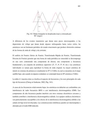 281
Fig. 4.6 Ondas triangular no desplazada (rojo) y retrasada por
90° (negro)
A diferencia de los eventos transitorios que duran unos pocos microsegundos, o las
depresiones de voltaje que duran desde algunos milisegundos hasta varios ciclos, las
armónicas son un fenómeno periódico de estado estacionario que produce distorsión continua
de las formas de onda de voltaje y de corriente.
El análisis de Fourier (Series de Fourier, Transformada Rápida de Fourier, Transformada
Discreta de Fourier) permite que una forma de onda periódica no sinusoidal se descomponga
en una serie conteniendo una componente de directa, una componente a frecuencia
fundamental y un conjunto de armónicas superiores (2ª, 3ª, 4ª, 5ª, 6ª, etc.). Las armónicas
individuales se suman para reproducir la forma de onda original. La mayor armónica de
interés en sistemas de potencia es usualmente la 25ª (1.5 kHz), la cual se encuentra en el rango
audible bajo, aún cuando en algunos estándares se contemple hasta la 50ª armónica (3 kHz).
La tabla 4.1 muestra cómo se clasifica el espectro de frecuencias y los usos principales de cada
tipo de frecuencia (Cheng en Sankaran, 2002, Pág. 161).
A causa de las frecuencias relativamente bajas, las armónicas no deberían ser confundidas con
interferencia de radio frecuencia (RFI) o con interferencia electromagnética (EMI). Las
componentes de alta frecuencia pueden interferir con otros sistemas electrónicos cercanos y
también contribuir a interferencia electromagnética radiada. Los equipos médicos electrónicos
son particularmente susceptibles a los efectos de la interferencia electromagnética debido a las
señales de bajo nivel involucradas. Las comunicaciones telefónicas pueden ser interrumpidas o
alteradas por el ruido EMI inducido.
 