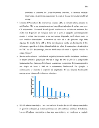 306
mantener la corriente de CD relativamente constante. El inversor entonces
interrumpe esta corriente para proveer la señal de CA de frecuencia variable al
motor.
• Sistemas UPS estáticos. En este tipo de sistemas UPS, la corriente alterna entrante es
rectificada a CD, la que posteriormente es invertida por circuitos de pulsos para tener
CA nuevamente. El control de voltaje del rectificador se obtiene con tiristores, los
cuales son disparados en cualquier punto en el ciclo, y apagados automáticamente
cuando el voltaje pasa por cero, y son nuevamente disparados en el mismo punto en
cada semiciclo subsecuente. La distorsión de salida de la UPS para una carga dada
depende del diseño de la UPS y de la impedancia de salida, así, la mayoría de los
fabricantes especifican la distorsión del voltaje de salida de sus equipos, siendo típico
un THD del 5%. Sin embargo, muchos fabricantes adicionan la leyenda “basado en
cargas lineales”.
• Balastros electrónicos. Los balastros magnéticos convencionales introducen corrientes
de tercera armónica que pueden estar en el rango del 13% al 20% de la componente
fundamental. Los balastros electrónicos generan una componente de tercera armónica
aún mayor, de hasta el 80% de la componente fundamental. Por ejemplo, a
continuación se muestra el espectro de amplitudes de una lámpara fluorescente
compacta con balastro electrónico en miniatura.
• Rectificadores controlados. Una característica de todos los rectificadores controlados
es que son no lineales, y extraen corrientes con alto contenido armónico de la fuente.
Los rectificadores controlados en fase que usan tiristores no comienzan a conducir
 