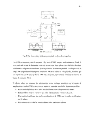 311
Fig. 4.19a Convertidor trifásico conmutado en línea de seis pulsos
Los ASD se construyen en el rango de 1 hp hasta 10,000 hp para aplicaciones en donde la
velocidad del motor de inducción debe ser controlada. Las aplicaciones incluyen bombas,
ventiladores, máquinas-herramientas y arranque suave de motores grandes. Los impulsores de
1 hp a 500 hp generalmente emplean inversores PWM de fuente de voltaje (VSI), mientras que
los impulsores desde 300 hp hasta 1000 hp y mayores, típicamente emplean inversores de
fuente de corriente (CSI).
El efecto sobre los sistemas de alimentación como voltajes armónicos en el punto de
acoplamiento común (PCC) a otras cargas puede ser reducido usando las siguientes medidas:
• Reducir la impedancia de la línea desde la fuente de la compañía hasta el PCC.
• Instalar filtros pasivos y activos que estén eléctricamente cercanos al ASD,
• Usar multiplicación de fase en los rectificadores de ASD, por ejemplo, rectificadores
de 12 pulsos.
• Usar un rectificador PWM para dar forma a las corrientes de línea.
 