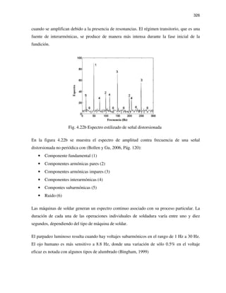 326
cuando se amplifican debido a la presencia de resonancias. El régimen transitorio, que es una
fuente de interarmónicas, se produce de manera más intensa durante la fase inicial de la
fundición.
Fig. 4.22b Espectro estilizado de señal distorsionada
En la figura 4.22b se muestra el espectro de amplitud contra frecuencia de una señal
distorsionada no periódica con (Bollen y Gu, 2006, Pág. 120):
• Componente fundamental (1)
• Componentes armónicas pares (2)
• Componentes armónicas impares (3)
• Componentes interarmónicas (4)
• Compontes subarmónicas (5)
• Ruido (6)
Las máquinas de soldar generan un espectro continuo asociado con su proceso particular. La
duración de cada una de las operaciones individuales de soldadura varía entre uno y diez
segundos, dependiendo del tipo de máquina de soldar.
El parpadeo luminoso resulta cuando hay voltajes subarmónicos en el rango de 1 Hz a 30 Hz.
El ojo humano es más sensitivo a 8.8 Hz, donde una variación de sólo 0.5% en el voltaje
eficaz es notada con algunos tipos de alumbrado (Bingham, 1999)
 