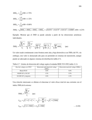 335
5
2
100 1.75%
114
VIHD = =i
7
1.5
100 1.32%
114
VIHD = =i
9
1
100 0.88%
114
VIHD = =i
2 2 2 2 2 2 2 2
3 5 7 9 0.0351 0.0175 0.0132 0.0088 100 4.23%V V V V VTHD IHD IHD IHD IHD x= + + + = + + + =
Ejemplo. Mostrar que el THD se puede calcular a partir de las distorsiones armónicas
individuales.
max max
2 2
2
2max max max
1 21
2 2
1 1 11 1 1 1
= (pu)
k k
k k k k k
k k k k
V Vk
k k k
V V
V V
THD IHD
V V V V
> >
> > >
 
= = = = 
 
∑ ∑
∑ ∑ ∑
Un valor usado comúnmente como frontera entre alta y baja distorsión es un THDV del 5%, sin
embargo, este valor es demasiado alto para ser permitido en sistemas de transmisión, aunque
puede ser adecuado en algunos sistemas de distribución (tabla 4.7).
Tabla 4.7 Límites de distorsión del voltaje según el estándar IEEE 519-1992 (tabla 11.1)
Nivel de voltaje en el PCC Distorsión individual del voltaje
(IHDV)
Distorsión total del voltaje (THDV)
Hasta 69 kV 3.0% 5.0%
69.001 kV a 161 kV 1.5% 2.5%
161.001 kV y mayores 1.0% 1.5%
Una relación interesante se obtiene al relacionar el valor eficaz total de una corriente con el
índice THDI de la misma:
max
2
2
1
k
k
k
I
I
THD
I
=
=
∑
(pu)
max
2 2 2 2 2 2 2 2
1 2 3 1 1 1
2
...
k
RMS k I
k
I I I I I I I I THD
=
= + + + = + = +∑
2 2 2
1 1(1 ) 1RMS I II I THD I THD= + = + … (4.26)
 
