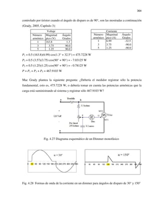 364
controlado por tiristor cuando el ángulo de disparo es de 90°, son las mostradas a continuación
(Grady, 2005, Capítulo 3):
Voltaje
Número
armónico
Magnitud Ángulo
pico (V) Grados
1 163.8 1.3
3 3.75 90.0
5 1.25 90.0
Corriente
Número Magnitud Ángulo
armónico pico (A) Grados
1 6.99 -32.5
3 3.75 -90.0
5 1.25 -90.0
P1 = 0.5 (163.8)(6.99) cos(1.3° + 32.5°) = 475.7228 W
P3 = 0.5 (3.57)(3.75) cos(90° + 90°) = - 7.03125 W
P5 = 0.5 (1.25)(1.25) cos(90° + 90°) = - 0.78125 W
P = P1 + P3 + P5 = 467.9103 W
Mac Grady plantea la siguiente pregunta: ¿Debería el medidor registrar sólo la potencia
fundamental, esto es, 475.7228 W, o debería tomar en cuenta las potencias armónicas que la
carga está suministrando al sistema y registrar sólo 467.9103 W?
Fig. 4.27 Diagrama esquemático de un Dimmer monofásico
Fig. 4.28 Formas de onda de la corriente en un dimmer para ángulos de disparo de 30° y 150°
 