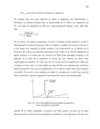 426
capkvar son los kxar nominales del banco de capacitores.
Por ejemplo, para una carga industrial en donde la impedancia del transformador es
dominante, la armónica resonante para un transformador de 1.5 MVA, con impedancia del
6%, y un banco de capacitores de 500 kvar es aproximadamente (Dugan y otros, 2004, Pág.
206):
1500x100
7.07
500x6
rh ≈ =
En un sistema con muchos componentes, los picos resonantes pueden predecirse usando la
aproximación de escaneo de frecuencia. Por este método, un ampere de corriente se inyecta en
el bus donde está conectada la fuente armónica. Las características en el dominio de la
frecuencia del sistema son graficadas típicamente hasta 3 kHz. Si el valor de impedancia en
alguna armónica h es menor que uno, entonces los filtros están atenuando corrientes a esa
armónica. Si el valor de la impedancia es mayor que uno, entonces los filtros están
amplificando esa armónica. Un valor cerca de cero en una curva de amplificación indica una
resonancia en serie, éste es el valor donde una rama del filtro está entonada para suministrar
máxima atenuación. Una curva de amplificación con un máximo agudo indica una resonancia
en paralelo. Esto ocurre en una armónica en donde la resonancia de la red de una rama del
filtro es capacitiva e igual en magnitud a la reactancia del sistema o del transformador.
Fig. 4.42 Curva de amplificación mostrando resonancia en
serie y resonancia en paralelo
Además de los filtros comentados, se pueden usar filtros pasivos en serie con la carga,
frecuentemente en la forma de una inductancia en paralelo con una capacitancia. En este caso,
 