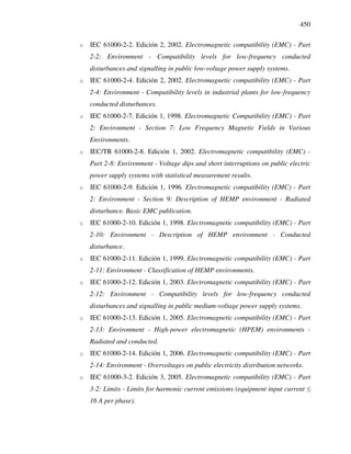 450
o IEC 61000-2-2. Edición 2, 2002. Electromagnetic compatibility (EMC) - Part
2-2: Environment - Compatibility levels for low-frequency conducted
disturbances and signalling in public low-voltage power supply systems.
o IEC 61000-2-4. Edición 2, 2002. Electromagnetic compatibility (EMC) - Part
2-4: Environment - Compatibility levels in industrial plants for low-frequency
conducted disturbances.
o IEC 61000-2-7. Edición 1, 1998. Electromagnetic Compatibility (EMC) - Part
2: Environment - Section 7: Low Frequency Magnetic Fields in Various
Environments.
o IEC/TR 61000-2-8. Edición 1, 2002. Electromagnetic compatibility (EMC) -
Part 2-8: Environment - Voltage dips and short interruptions on public electric
power supply systems with statistical measurement results.
o IEC 61000-2-9. Edición 1, 1996. Electromagnetic compatibility (EMC) - Part
2: Environment - Section 9: Description of HEMP environment - Radiated
disturbance. Basic EMC publication.
o IEC 61000-2-10. Edición 1, 1998. Electromagnetic compatibility (EMC) - Part
2-10: Environment - Description of HEMP environment - Conducted
disturbance.
o IEC 61000-2-11. Edición 1, 1999. Electromagnetic compatibility (EMC) - Part
2-11: Environment - Classification of HEMP environments.
o IEC 61000-2-12. Edición 1, 2003. Electromagnetic compatibility (EMC) - Part
2-12: Environment - Compatibility levels for low-frequency conducted
disturbances and signalling in public medium-voltage power supply systems.
o IEC 61000-2-13. Edición 1, 2005. Electromagnetic compatibility (EMC) - Part
2-13: Environment - High-power electromagnetic (HPEM) environments -
Radiated and conducted.
o IEC 61000-2-14. Edición 1, 2006. Electromagnetic compatibility (EMC) - Part
2-14: Environment - Overvoltages on public electricity distribution networks.
o IEC 61000-3-2. Edición 3, 2005. Electromagnetic compatibility (EMC) - Part
3-2: Limits - Limits for harmonic current emissions (equipment input current ≤
16 A per phase).
 