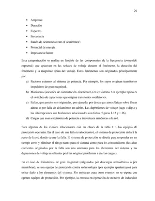 29
• Amplitud
• Duración
• Espectro
• Frecuencia
• Razón de ocurrencia (rate of occurrence)
• Potencial de energía
• Impedancia fuente
Esta categorización se realiza en función de las componentes de la frecuencia (contenido
espectral) que aparecen en las señales de voltaje durante el fenómeno, la duración del
fenómeno y la magnitud típica del voltaje. Estos fenómenos son originados principalmente
por:
a) Factores externos al sistema de potencia. Por ejemplo, los rayos originan transitorios
impulsivos de gran magnitud.
b) Maniobras (acciones de conmutación <switcheo>) en el sistema. Un ejemplo típico es
el switcheo de capacitores que origina transitorios oscilatorios.
c) Fallas, que pueden ser originadas, por ejemplo, por descargas atmosféricas sobre líneas
aéreas o por falla de aislamiento en cables. Las depresiones de voltaje (sags o dips) y
las interrupciones son fenómenos relacionados con fallas (figuras 1.15 y 1.16).
d) Cargas que usan electrónica de potencia e introducen armónicas a la red.
Para algunos de los eventos relacionados con las clases de la tabla 1.1, los equipos de
protección operarán. En el caso de una falla (cortocircuito), el sistema de protección aislará la
parte de la red donde ocurre la falla. El sistema de protección se diseña para responder en un
tiempo corto y eliminar el riesgo tanto para el sistema como para los consumidores (las altas
corrientes originadas por la falla son una amenaza para los elementos del sistema y las
depresiones de voltaje resultantes podrían originar problemas a ciertas cargas).
En el caso de transitorios de gran magnitud (originados por descargas atmosféricas o por
maniobras), se usa equipo de protección contra sobrevoltajes (por ejemplo apartarrayos) para
evitar daño a los elementos del sistema. Sin embargo, para otros eventos no se espera que
operen equipos de protección. Por ejemplo, la entrada en operación de motores de inducción
 