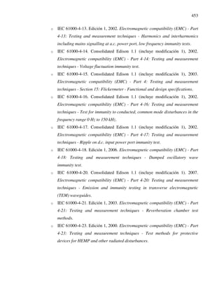 453
o IEC 61000-4-13. Edición 1, 2002. Electromagnetic compatibility (EMC) - Part
4-13: Testing and measurement techniques - Harmonics and interharmonics
including mains signalling at a.c. power port, low frequency immunity tests.
o IEC 61000-4-14. Consolidated Edison 1.1 (incluye modificación 1), 2002.
Electromagnetic compatibility (EMC) - Part 4-14: Testing and measurement
techniques - Voltage fluctuation immunity test.
o IEC 61000-4-15. Consolidated Edison 1.1 (incluye modificación 1), 2003.
Electromagnetic compatibility (EMC) - Part 4: Testing and measurement
techniques - Section 15: Flickermeter - Functional and design specifications.
o IEC 61000-4-16. Consolidated Edison 1.1 (incluye modificación 1), 2002.
Electromagnetic compatibility (EMC) - Part 4-16: Testing and measurement
techniques - Test for immunity to conducted, common mode disturbances in the
frequency range 0 Hz to 150 kHz.
o IEC 61000-4-17. Consolidated Edison 1.1 (incluye modificación 1), 2002.
Electromagnetic compatibility (EMC) - Part 4-17: Testing and measurement
techniques - Ripple on d.c. input power port immunity test.
o IEC 61000-4-18. Edición 1, 2006. Electromagnetic compatibility (EMC) - Part
4-18: Testing and measurement techniques - Damped oscillatory wave
immunity test.
o IEC 61000-4-20. Consolidated Edison 1.1 (incluye modificación 1). 2007.
Electromagnetic compatibility (EMC) - Part 4-20: Testing and measurement
techniques - Emission and immunity testing in transverse electromagnetic
(TEM) waveguides.
o IEC 61000-4-21. Edición 1, 2003. Electromagnetic compatibility (EMC) - Part
4-21: Testing and measurement techniques - Reverberation chamber test
methods.
o IEC 61000-4-23. Edición 1, 2000. Electromagnetic compatibility (EMC) - Part
4-23: Testing and measurement techniques - Test methods for protective
devices for HEMP and other radiated disturbances.
 