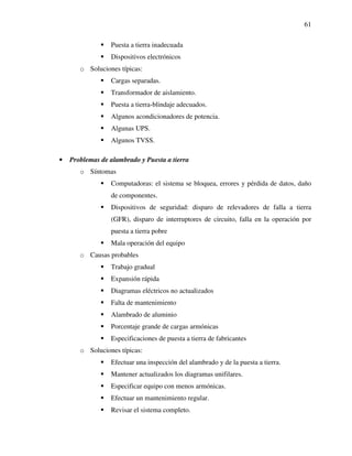 61
Puesta a tierra inadecuada
Dispositivos electrónicos
o Soluciones típicas:
Cargas separadas.
Transformador de aislamiento.
Puesta a tierra-blindaje adecuados.
Algunos acondicionadores de potencia.
Algunas UPS.
Algunos TVSS.
• Problemas de alambrado y Puesta a tierra
o Síntomas
Computadoras: el sistema se bloquea, errores y pérdida de datos, daño
de componentes.
Dispositivos de seguridad: disparo de relevadores de falla a tierra
(GFR), disparo de interruptores de circuito, falla en la operación por
puesta a tierra pobre
Mala operación del equipo
o Causas probables
Trabajo gradual
Expansión rápida
Diagramas eléctricos no actualizados
Falta de mantenimiento
Alambrado de aluminio
Porcentaje grande de cargas armónicas
Especificaciones de puesta a tierra de fabricantes
o Soluciones típicas:
Efectuar una inspección del alambrado y de la puesta a tierra.
Mantener actualizados los diagramas unifilares.
Especificar equipo con menos armónicas.
Efectuar un mantenimiento regular.
Revisar el sistema completo.
 