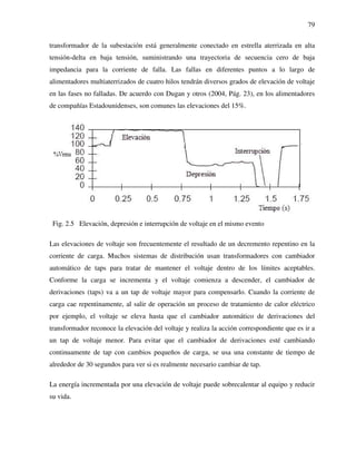 79
transformador de la subestación está generalmente conectado en estrella aterrizada en alta
tensión-delta en baja tensión, suministrando una trayectoria de secuencia cero de baja
impedancia para la corriente de falla. Las fallas en diferentes puntos a lo largo de
alimentadores multiaterrizados de cuatro hilos tendrán diversos grados de elevación de voltaje
en las fases no falladas. De acuerdo con Dugan y otros (2004, Pág. 23), en los alimentadores
de compañías Estadounidenses, son comunes las elevaciones del 15%.
Fig. 2.5 Elevación, depresión e interrupción de voltaje en el mismo evento
Las elevaciones de voltaje son frecuentemente el resultado de un decremento repentino en la
corriente de carga. Muchos sistemas de distribución usan transformadores con cambiador
automático de taps para tratar de mantener el voltaje dentro de los límites aceptables.
Conforme la carga se incrementa y el voltaje comienza a descender, el cambiador de
derivaciones (taps) va a un tap de voltaje mayor para compensarlo. Cuando la corriente de
carga cae repentinamente, al salir de operación un proceso de tratamiento de calor eléctrico
por ejemplo, el voltaje se eleva hasta que el cambiador automático de derivaciones del
transformador reconoce la elevación del voltaje y realiza la acción correspondiente que es ir a
un tap de voltaje menor. Para evitar que el cambiador de derivaciones esté cambiando
continuamente de tap con cambios pequeños de carga, se usa una constante de tiempo de
alrededor de 30 segundos para ver si es realmente necesario cambiar de tap.
La energía incrementada por una elevación de voltaje puede sobrecalentar al equipo y reducir
su vida.
 