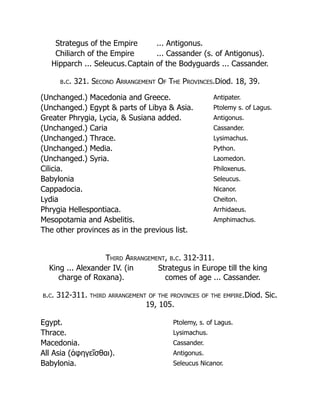 Strategus of the Empire ... Antigonus.
Chiliarch of the Empire ... Cassander (s. of Antigonus).
Hipparch ... Seleucus.Captain of the Bodyguards ... Cassander.
b.c. 321. Second Arrangement Of The Provinces.Diod. 18, 39.
(Unchanged.) Macedonia and Greece. Antipater.
(Unchanged.) Egypt & parts of Libya & Asia. Ptolemy s. of Lagus.
Greater Phrygia, Lycia, & Susiana added. Antigonus.
(Unchanged.) Caria Cassander.
(Unchanged.) Thrace. Lysimachus.
(Unchanged.) Media. Python.
(Unchanged.) Syria. Laomedon.
Cilicia. Philoxenus.
Babylonia Seleucus.
Cappadocia. Nicanor.
Lydia Cheiton.
Phrygia Hellespontiaca. Arrhidaeus.
Mesopotamia and Asbelitis. Amphimachus.
The other provinces as in the previous list.
Third Arrangement, b.c. 312-311.
King ... Alexander IV. (in
charge of Roxana).
Strategus in Europe till the king
comes of age ... Cassander.
b.c. 312-311. third arrangement of the provinces of the empire.Diod. Sic.
19, 105.
Egypt. Ptolemy, s. of Lagus.
Thrace. Lysimachus.
Macedonia. Cassander.
All Asia (ἀφηγεῖσθαι). Antigonus.
Babylonia. Seleucus Nicanor.
 