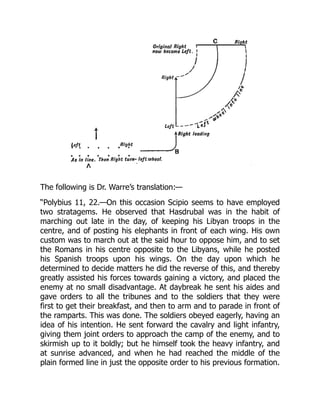 The following is Dr. Warre’s translation:—
“Polybius 11, 22.—On this occasion Scipio seems to have employed
two stratagems. He observed that Hasdrubal was in the habit of
marching out late in the day, of keeping his Libyan troops in the
centre, and of posting his elephants in front of each wing. His own
custom was to march out at the said hour to oppose him, and to set
the Romans in his centre opposite to the Libyans, while he posted
his Spanish troops upon his wings. On the day upon which he
determined to decide matters he did the reverse of this, and thereby
greatly assisted his forces towards gaining a victory, and placed the
enemy at no small disadvantage. At daybreak he sent his aides and
gave orders to all the tribunes and to the soldiers that they were
first to get their breakfast, and then to arm and to parade in front of
the ramparts. This was done. The soldiers obeyed eagerly, having an
idea of his intention. He sent forward the cavalry and light infantry,
giving them joint orders to approach the camp of the enemy, and to
skirmish up to it boldly; but he himself took the heavy infantry, and
at sunrise advanced, and when he had reached the middle of the
plain formed line in just the opposite order to his previous formation.
 
