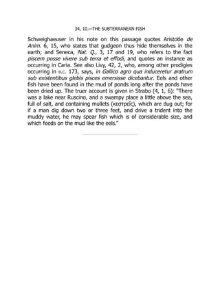 34, 10.—THE SUBTERRANEAN FISH
Schweighaeuser in his note on this passage quotes Aristotle de
Anim. 6, 15, who states that gudgeon thus hide themselves in the
earth; and Seneca, Nat. Q., 3, 17 and 19, who refers to the fact
piscem posse vivere sub terra et effodi, and quotes an instance as
occurring in Caria. See also Livy, 42, 2, who, among other prodigies
occurring in b.c. 173, says, in Gallico agro qua induceretur aratrum
sub existentibus glebis pisces emersisse dicebantur. Eels and other
fish have been found in the mud of ponds long after the ponds have
been dried up. The truer account is given in Strabo (4, 1, 6): “There
was a lake near Ruscino, and a swampy place a little above the sea,
full of salt, and containing mullets (κεστρεῖς), which are dug out; for
if a man dig down two or three feet, and drive a trident into the
muddy water, he may spear fish which is of considerable size, and
which feeds on the mud like the eels.”
 