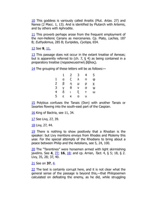 10 This goddess is variously called Anaitis (Plut. Artax. 27) and
Nanea (2 Macc. 1, 13). And is identified by Plutarch with Artemis,
and by others with Aphrodite.
11 This proverb perhaps arose from the frequent employment of
the non-Hellenic Carians as mercenaries. Cp. Plato, Laches, 187
B; Euthydemus, 285 B; Euripides, Cyclops, 654.
12 See 9, 11.
13 This passage does not occur in the extant treatise of Aeneas;
but is apparently referred to (ch. 7, § 4) as being contained in a
preparatory treatise (παρασκευαστικὴ βίβλος).
14 The grouping of these letters will be as follows:—
1 2 3 4 5
1 α ζ λ π φ
2 β η μ ρ χ
3 γ θ ν σ ψ
4 δ ι ξ τ ω
5 ε κ ο υ
15 Polybius confuses the Tanais (Don) with another Tanais or
Iaxartes flowing into the south-east part of the Caspian.
16 King of Bactria, see 11, 34.
17 See Livy, 27, 39.
18 Livy, 27, 44.
19 There is nothing to show positively that a Rhodian is the
speaker: but Livy mentions envoys from Rhodes and Ptolemy this
year. For the special attempts of the Rhodians to bring about a
peace between Philip and the Aetolians, see 5, 24, 100.
20 The “Tarentines” were horsemen armed with light skirmishing
javelins. See 4, 77; 16, 18; and cp. Arrian, Tact. 4, § 5; 18, § 2.
Livy, 35, 28; 37, 40.
21 See on 37, 4.
22 The text is certainly corrupt here, and it is not clear what the
general sense of the passage is beyond this,—that Philopoemen
calculated on defeating the enemy, as he did, while struggling
 