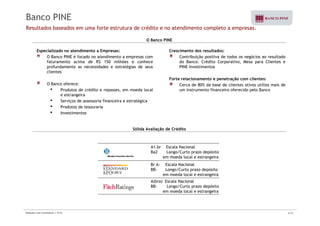 Banco PINE 
Resultados baseados em uma forte estrutura de crédito e no atendimento completo a empresas. 
O Banco PINE 
Especializado no atendimento a Empresas: 
O Banco PINE é focado no atendimento a empresas com 
faturamento acima de R$ 150 milhões e conhece 
Crescimento dos resultados: 
Contribuição positiva de todos os negócios ao resultado 
do Banco: Crédito Corporativo Mesa para Clientes e 
profundamente as necessidades e estratégias de seus 
clientes 
O Banco oferece: 
Corporativo, PINE Investimentos 
Forte relacionamento e penetração com clientes: 
Cerca de 80% da base de clientes ativos utiliza mais de 
• Produtos de crédito e repasses, em moeda local 
e estrangeira 
• Serviços de assessoria financeira e estratégica 
• Produtos de tesouraria 
• Investimentos 
um instrumento financeiro oferecido pelo Banco 
Sólida Avaliação de Crédito 
A1.br Escala Nacional 
Ba2 Longo/Curto prazo depósito 
em moeda local e estrangeira 
Br A- Escala Nacional 
BB- Longo/Curto prazo depósito 
em moeda local e estrangeira 
A(bra) Escala Nacional 
BB- Longo/Curto prazo depósito 
em d moeda l l local e t i 
estrangeira 
Relações com Investidores | 3T10 4/33 
 