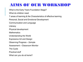 AIMS OF OUR WORKSHOP
What is the Early Years Foundation Stage?
What do children need
7 areas of learning & the Characteristics of effective learning
Personal, Social and Emotional Development
Communication and Language
Literacy
Physical development
Mathematics
Understanding the World
Expressive Art and Design
Observing Progress – 2simple
Assessment – Classroom Monitor
The Cycle
Practical stuff
What can you do at home?
 