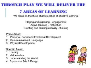 THROUGH PLAY WE WILL DELIVER THE
7 AREAS OF LEARNING
We focus on the three characteristics of effective learning:
Playing and exploring – engagement
Active learning – motivation
Creating and thinking critically - thinking
Prime Areas:
1. Personal, Social and Emotional Development
2. Communication & Language
3. Physical Development
Specific Areas:
1. Literacy
2. Mathematics
3. Understanding the World
4. Expressive Arts & Design
 