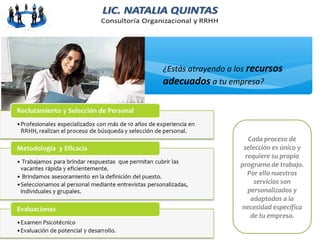 Cada proceso de
selección es único y
requiere su propio
programa de trabajo.
Por ello nuestros
servicios son
personalizados y
adaptados a la
necesidad específica
de tu empresa.
¿Estás atrayendo a los recursos
adecuados a tu empresa?
 