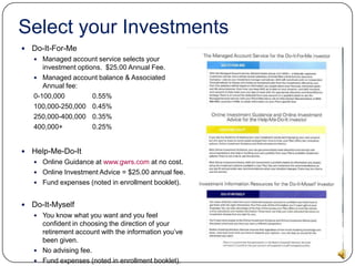 Select your InvestmentsBased on your score…Which program works for you?  Should you consider enrolling into the managed account services?Would you like to make your own decisions with some guidance from an advisor?Would you rather choose your investments yourself?