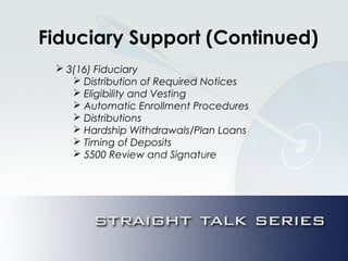 Fiduciary Support (Continued)
 3(16) Fiduciary
 Distribution of Required Notices
 Eligibility and Vesting
 Automatic Enrollment Procedures
 Distributions
 Hardship Withdrawals/Plan Loans
 Timing of Deposits
 5500 Review and Signature
 