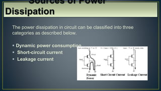The power dissipation in circuit can be classified into three
categories as described below.
 Dynamic power consumption
 Short-circuit current
 Leakage current
 