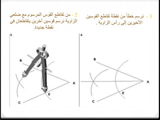 2-‫من‬‫ضلعي‬ ‫مع‬ ‫المرسوم‬ ‫القوس‬ ‫تقاطع‬
‫يتقاطعان‬ ‫أخرين‬ ‫قوسين‬ ‫نرسم‬ ‫الزاوية‬‫في‬
‫جديدة‬ ‫نقطة‬.
3-‫نرسم‬‫القوس‬ ‫تقاطع‬ ‫نقطة‬ ‫من‬ ً‫ا‬‫خط‬‫ين‬
‫الزاوية‬ ‫رأس‬ ‫إلى‬ ‫األخيرين‬.
 