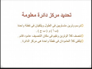 0‫و‬ ‫نقطة‬ ‫فى‬ ‫ويلتقيان‬ ‫الطول‬ ‫فى‬ ‫متساويين‬ ‫وترين‬ ‫نرسم‬‫احدة‬
(‫أ‬ ‫ب‬)‫و‬(‫ج‬ ‫ب‬. )
0‫قا‬ ‫عامود‬ ‫التنصيف‬ ‫مكان‬ ‫فى‬ ‫ونقيم‬ ‫الوترين‬ ‫كال‬ ‫ننصف‬‫ئم‬.
0‫الدائرة‬ ‫مركز‬ ‫هى‬ ‫واحدة‬ ‫نقطة‬ ‫فى‬ ‫العامودان‬ ‫كال‬ ‫يلتقى‬.
 