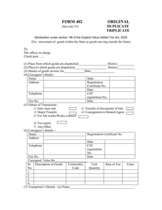 FORM 402
(See rule 51)

ORIGINAL
DUPLICATE
TRIPLICATE

Declaration under section 68 of the Gujarat Value Added Tax Act, 2003

(For movement of goods within the State or goods moving outside the State)
To,
The officer in charge
Check post……
(1) Place from which goods are dispatched__________________ District___________
(2) Place to which goods are dispatched____________________ District___________
(3) Details of goods invoice No_____________Date_______________
(4) Consignor’s details :
Name
State
Address
Registration
Certificate No
Date
Telephone
CST
registration No.
Fax No.
Date
(5) Nature of Transaction :
:1: Inter state sale
:2: Transfer of documents of title
:3: Depot Transfer
:4: Consignment to Branch/Agent
:5: For Job works/Works contract
:6: For export
:7: Any Other
(6) Consignee’s details :Name
Address

Registration Certificate No

Date
Telephone
CST
registration
No.
Fax No.
Date
Consigned Value Rs.____________________
Sr. Description of Goods
Commodity
Unit
Rate of Tax
Value
No.
Code
Quantity
1
2
3
4
(7) Transporter’s Details : (a) Name ________________________________________

 