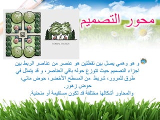 ‫ب‬ ‫الربط‬ ‫عناصر‬ ‫من‬ ‫عنصر‬ ‫هو‬ ‫نقطتين‬ ‫بين‬ ‫يصل‬ ‫وهمي‬ ‫هو‬ ‫و‬‫ين‬
‫يت‬ ‫قد‬ ‫و‬ ،‫العناصر‬ ‫باقي‬ ‫حوله‬ ‫تتوزع‬ ‫حيث‬ ‫التصميم‬ ‫اجزاء‬‫في‬ ‫مثل‬
،‫مائي‬ ‫حوض‬ ،‫األخضر‬ ‫المسطح‬ ‫من‬ ‫شريط‬ ،‫للمرور‬ ‫طرق‬
‫زهور‬ ‫حوض‬.
‫منحنية‬ ‫أو‬ ‫مستقيمة‬ ‫تكون‬ ‫قد‬ ‫مختلفة‬ ‫أشكالها‬ ‫والمحاور‬.
 