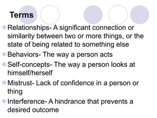 Terms
Relationships- A significant connection or
similarity between two or more things, or the
state of being related to something else
Behaviors- The way a person acts
Self-concepts- The way a person looks at
himself/herself
Mistrust- Lack of confidence in a person or
thing
Interference- A hindrance that prevents a
desired outcome
 