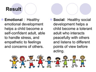 Result
 Emotional : Healthy
emotional development
helps a child become a
self-confident adult, able
to handle stress, and
empathetic to feelings
and concerns of others.
 Social: Healthy social
development helps a
child become a tolerant
adult who interacts
peacefully with others
and listens to different
points of view before
acting.
 
