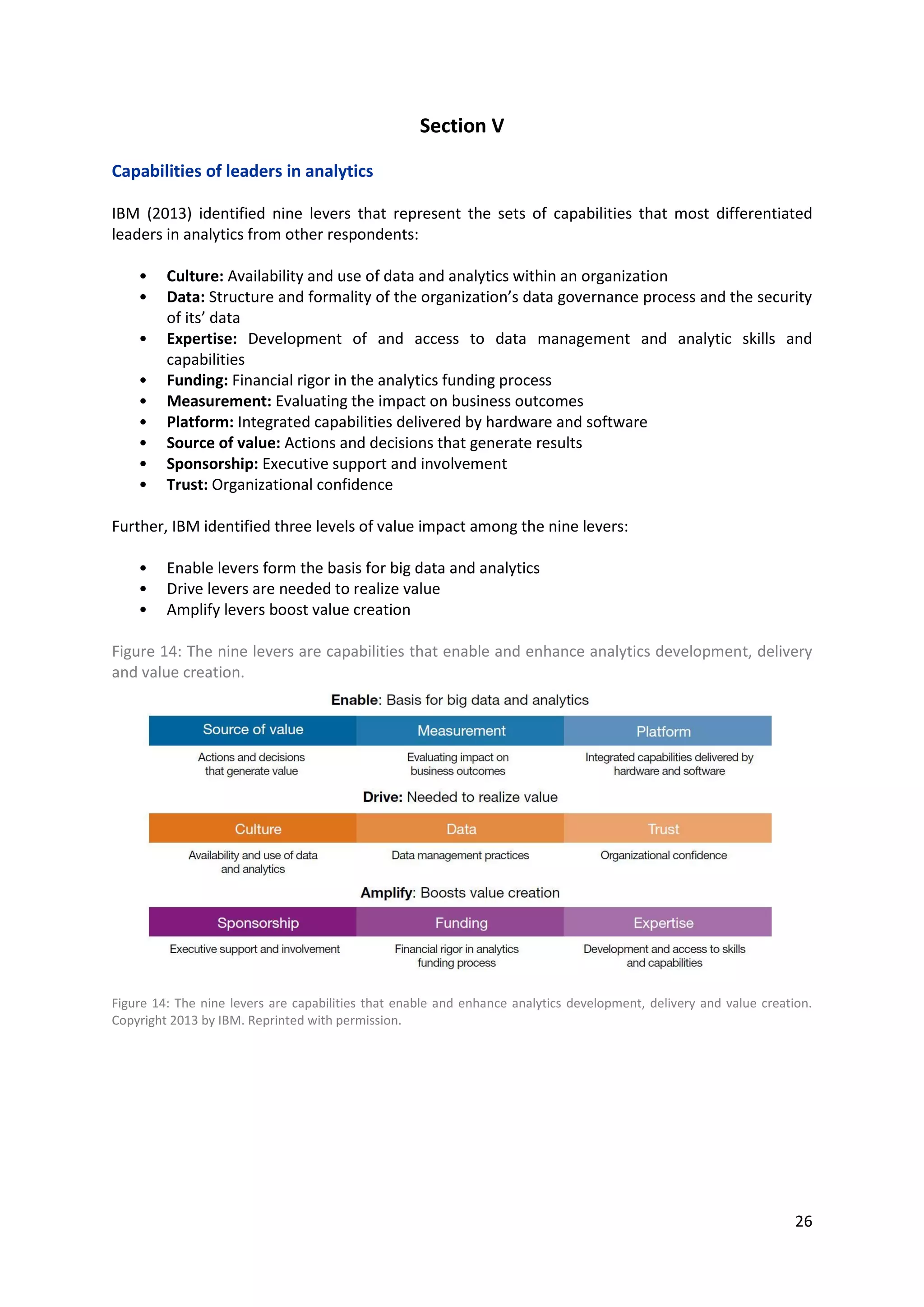 26
Section V
Capabilities of leaders in analytics
IBM (2013) identified nine levers that represent the sets of capabilities that most differentiated
leaders in analytics from other respondents:
• Culture: Availability and use of data and analytics within an organization
• Data: Structure and formality of the organization’s data governance process and the security
of its’ data
• Expertise: Development of and access to data management and analytic skills and capabilities
• Funding: Financial rigor in the analytics funding process
• Measurement: Evaluating the impact on business outcomes
• Platform: Integrated capabilities delivered by hardware and software
• Source of value: Actions and decisions that generate results
• Sponsorship: Executive support and involvement
• Trust: Organizational confidence
Further, IBM identified three levels of value impact among the nine levers:
• Enable levers form the basis for big data and analytics
• Drive levers are needed to realize value
• Amplify levers boost value creation
Figure 14: The nine levers are capabilities that enable and enhance analytics development, delivery
and value creation.
Figure 14: The nine levers are capabilities that enable and enhance analytics development, delivery and value creation.
Copyright 2013 by IBM. Reprinted with permission.
According to IBM, while it’s helpful to know how each lever influences value creation, it’s equally
important to consider where each lever fits in terms of the day-to-day aspects of running a business.
Most executives need to approach analytics with a business-driven blueprint, an approach that defines
how and why the organizations will use technology through three lenses: strategy, technology and
organization.
• Strategy: The deliberateness with which an organization approaches analytics
 