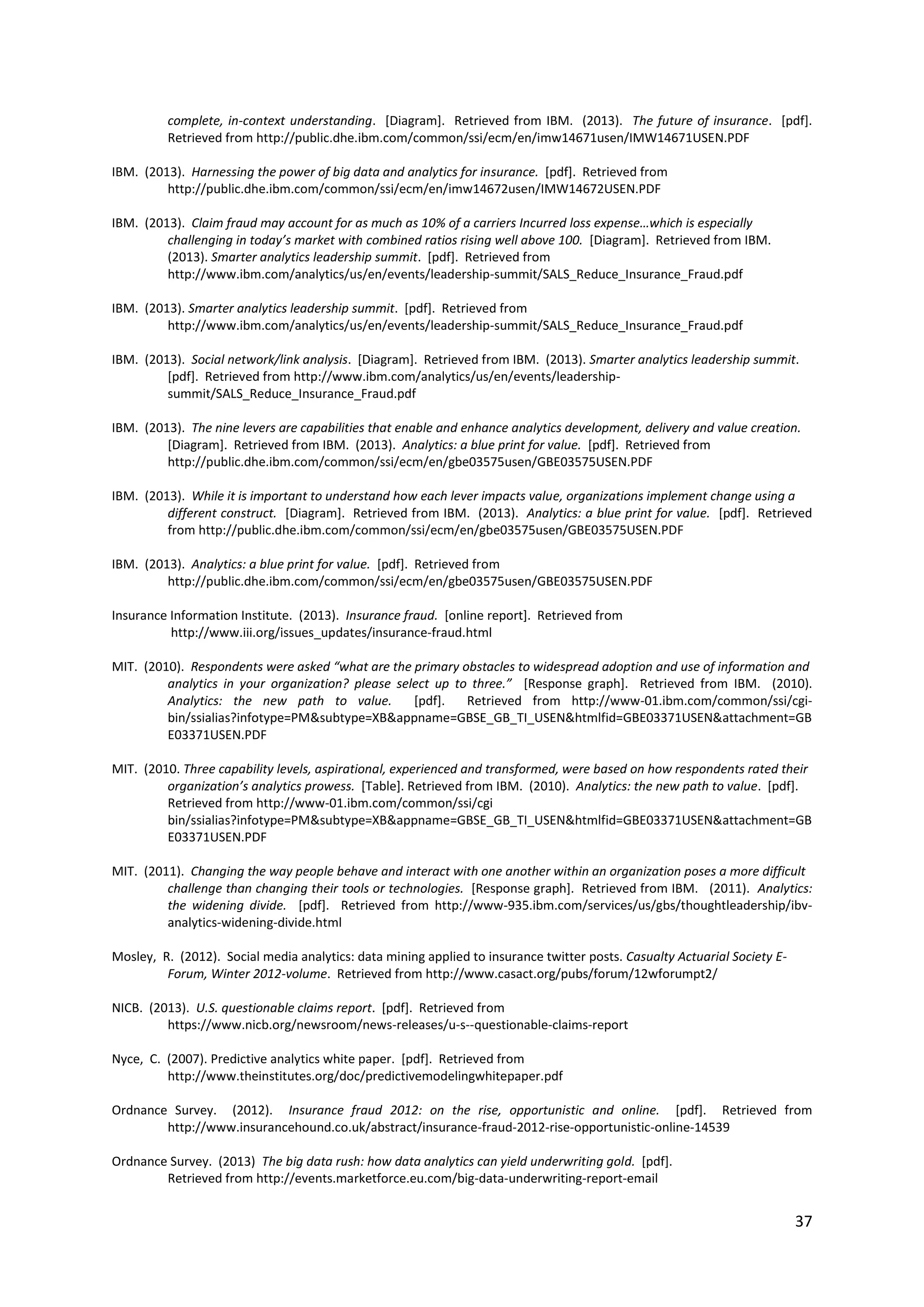 37
complete, in-context understanding. [Diagram]. Retrieved from IBM. (2013). The future of insurance. [pdf].
Retrieved from http://public.dhe.ibm.com/common/ssi/ecm/en/imw14671usen/IMW14671USEN.PDF
IBM. (2013). Harnessing the power of big data and analytics for insurance. [pdf]. Retrieved from
http://public.dhe.ibm.com/common/ssi/ecm/en/imw14672usen/IMW14672USEN.PDF
IBM. (2013). Claim fraud may account for as much as 10% of a carriers Incurred loss expense…which is especially
challenging in today’s market with combined ratios rising well above 100. [Diagram]. Retrieved from IBM.
(2013). Smarter analytics leadership summit. [pdf]. Retrieved from
http://www.ibm.com/analytics/us/en/events/leadership-summit/SALS_Reduce_Insurance_Fraud.pdf
IBM. (2013). Smarter analytics leadership summit. [pdf]. Retrieved from
http://www.ibm.com/analytics/us/en/events/leadership-summit/SALS_Reduce_Insurance_Fraud.pdf
IBM. (2013). Social network/link analysis. [Diagram]. Retrieved from IBM. (2013). Smarter analytics leadership summit.
[pdf]. Retrieved from http://www.ibm.com/analytics/us/en/events/leadership-
summit/SALS_Reduce_Insurance_Fraud.pdf
IBM. (2013). The nine levers are capabilities that enable and enhance analytics development, delivery and value creation.
[Diagram]. Retrieved from IBM. (2013). Analytics: a blue print for value. [pdf]. Retrieved from
http://public.dhe.ibm.com/common/ssi/ecm/en/gbe03575usen/GBE03575USEN.PDF
IBM. (2013). While it is important to understand how each lever impacts value, organizations implement change using a
different construct. [Diagram]. Retrieved from IBM. (2013). Analytics: a blue print for value. [pdf]. Retrieved
from http://public.dhe.ibm.com/common/ssi/ecm/en/gbe03575usen/GBE03575USEN.PDF
IBM. (2013). Analytics: a blue print for value. [pdf]. Retrieved from
http://public.dhe.ibm.com/common/ssi/ecm/en/gbe03575usen/GBE03575USEN.PDF
Insurance Information Institute. (2013). Insurance fraud. [online report]. Retrieved from
http://www.iii.org/issues_updates/insurance-fraud.html
MIT. (2010). Respondents were asked “what are the primary obstacles to widespread adoption and use of information and
analytics in your organization? please select up to three.” [Response graph]. Retrieved from IBM. (2010).
Analytics: the new path to value. [pdf]. Retrieved from http://www-01.ibm.com/common/ssi/cgi-
bin/ssialias?infotype=PM&subtype=XB&appname=GBSE_GB_TI_USEN&htmlfid=GBE03371USEN&attachment=GB
E03371USEN.PDF
MIT. (2010. Three capability levels, aspirational, experienced and transformed, were based on how respondents rated their
organization’s analytics prowess. [Table]. Retrieved from IBM. (2010). Analytics: the new path to value. [pdf].
Retrieved from http://www-01.ibm.com/common/ssi/cgi
bin/ssialias?infotype=PM&subtype=XB&appname=GBSE_GB_TI_USEN&htmlfid=GBE03371USEN&attachment=GB
E03371USEN.PDF
MIT. (2011). Changing the way people behave and interact with one another within an organization poses a more difficult
challenge than changing their tools or technologies. [Response graph]. Retrieved from IBM. (2011). Analytics:
the widening divide. [pdf]. Retrieved from http://www-935.ibm.com/services/us/gbs/thoughtleadership/ibv-
analytics-widening-divide.html
Mosley, R. (2012). Social media analytics: data mining applied to insurance twitter posts. Casualty Actuarial Society E-
Forum, Winter 2012-volume. Retrieved from http://www.casact.org/pubs/forum/12wforumpt2/
NICB. (2013). U.S. questionable claims report. [pdf]. Retrieved from
https://www.nicb.org/newsroom/news-releases/u-s--questionable-claims-report
Nyce, C. (2007). Predictive analytics white paper. [pdf]. Retrieved from
http://www.theinstitutes.org/doc/predictivemodelingwhitepaper.pdf
Ordnance Survey. (2012). Insurance fraud 2012: on the rise, opportunistic and online. [pdf]. Retrieved from
http://www.insurancehound.co.uk/abstract/insurance-fraud-2012-rise-opportunistic-online-14539
Ordnance Survey. (2013) The big data rush: how data analytics can yield underwriting gold. [pdf].
Retrieved from http://events.marketforce.eu.com/big-data-underwriting-report-email
 