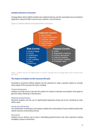 4
Analytics domains in insurance
Strategy Meets Action (2012) classifies the analytical domains and the associated areas o...