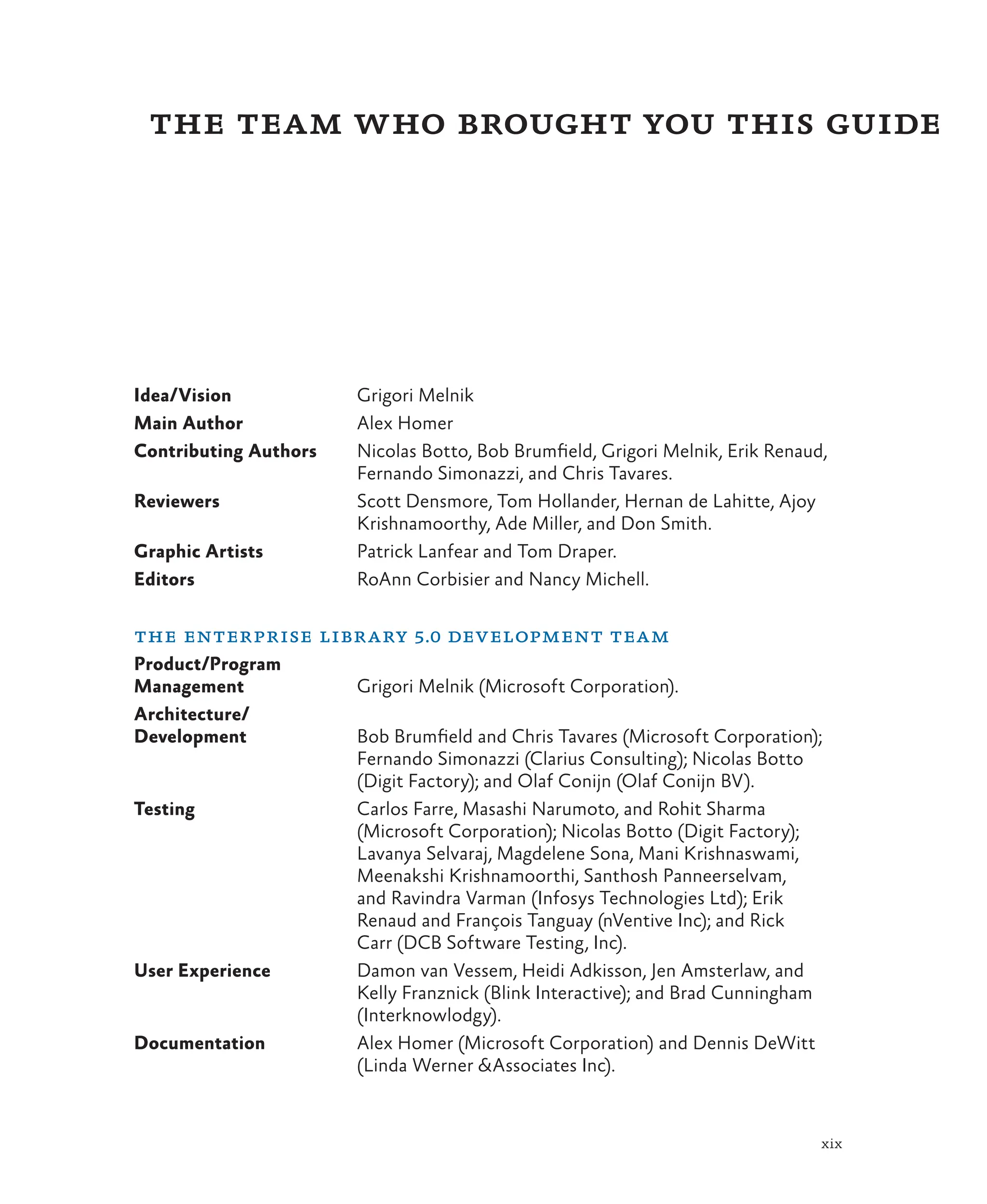 xix
Idea/Vision Grigori Melnik
Main Author Alex Homer
Contributing Authors Nicolas Botto, Bob Brumfield, Grigori Melnik, Erik Renaud,
Fernando Simonazzi, and Chris Tavares.
Reviewers Scott Densmore, Tom Hollander, Hernan de Lahitte, Ajoy
Krishnamoorthy, Ade Miller, and Don Smith.
Graphic Artists Patrick Lanfear and Tom Draper.
Editors RoAnn Corbisier and Nancy Michell.
the enterprise library 5.0 development team
Product/Program
Management Grigori Melnik (Microsoft Corporation).
Architecture/
Development Bob Brumfield and Chris Tavares (Microsoft Corporation);
Fernando Simonazzi (Clarius Consulting); Nicolas Botto
(Digit Factory); and Olaf Conijn (Olaf Conijn BV).
Testing Carlos Farre, Masashi Narumoto, and Rohit Sharma
(Microsoft Corporation); Nicolas Botto (Digit Factory);
Lavanya Selvaraj, Magdelene Sona, Mani Krishnaswami,
Meenakshi Krishnamoorthi, Santhosh Panneerselvam,
and Ravindra Varman (Infosys Technologies Ltd); Erik
Renaud and François Tanguay (nVentive Inc); and Rick
Carr (DCB Software Testing, Inc).
User Experience Damon van Vessem, Heidi Adkisson, Jen Amsterlaw, and
Kelly Franznick (Blink Interactive); and Brad Cunningham
(Interknowlodgy).
Documentation Alex Homer (Microsoft Corporation) and Dennis DeWitt
(Linda Werner &Associates Inc).
the team who brought you this guide
 