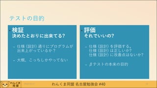 わんくま同盟 名古屋勉強会 #40
テストの目的
• 検証
決めたとおりに出来てる?
– 仕様 (設計) 通りにプログラムが
出来上がっているか？
– 大概、こっちしかやってない
• 評価
それでいいの?
– 仕様 (設計) を評価する。
仕様 (設計) は正しいか?
仕様 (設計) に改善点はないか?
– βテストの本来の目的
2016/12/17 15
 