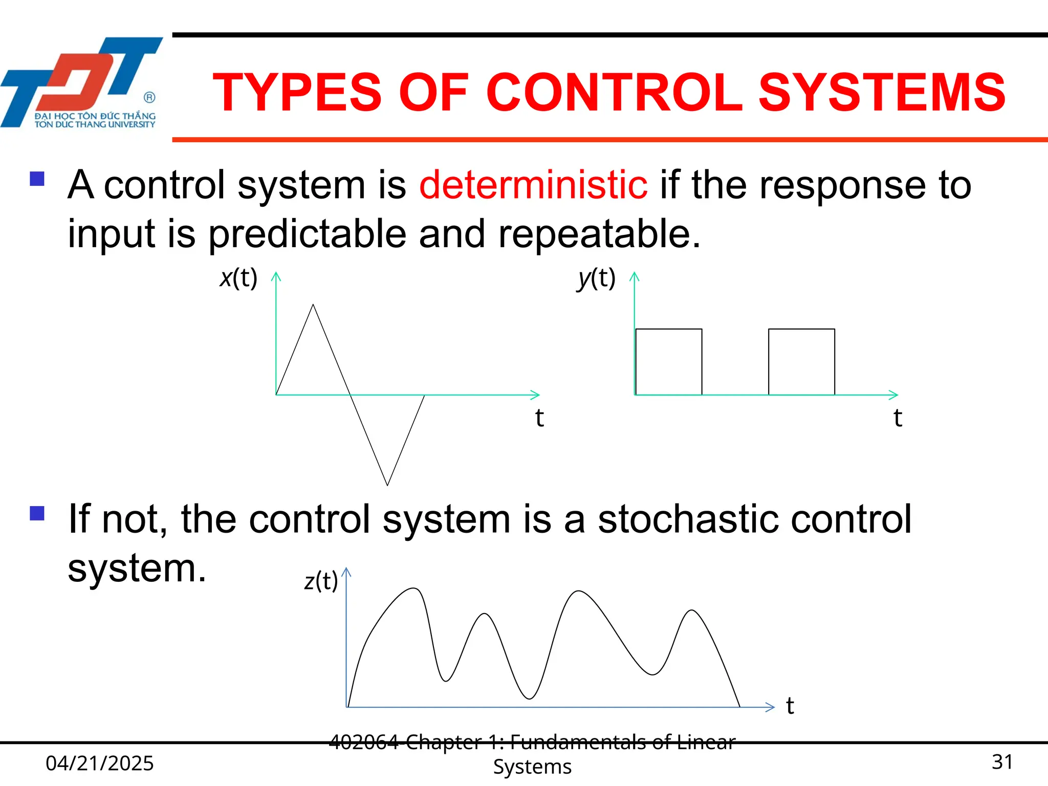 TYPES OF CONTROL SYSTEMS
 A control system is deterministic if the response to
input is predictable and repeatable.
 If not, the control system is a stochastic control
system.
04/21/2025
402064-Chapter 1: Fundamentals of Linear
Systems 31
y(t)
t
x(t)
t
z(t)
t
 