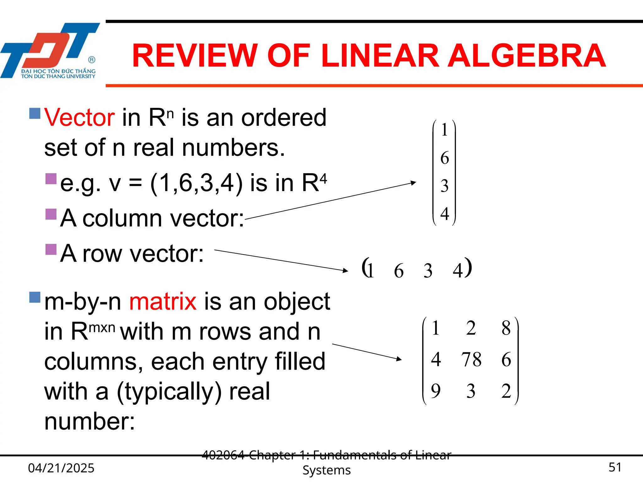 REVIEW OF LINEAR ALGEBRA
04/21/2025
402064-Chapter 1: Fundamentals of Linear
Systems 51
Vector in Rn
is an ordered
set of n real numbers.
e.g. v = (1,6,3,4) is in R4
A column vector:
A row vector:
m-by-n matrix is an object
in Rmxn
with m rows and n
columns, each entry filled
with a (typically) real
number:














4
3
6
1
 
4
3
6
1










2
3
9
6
78
4
8
2
1
 