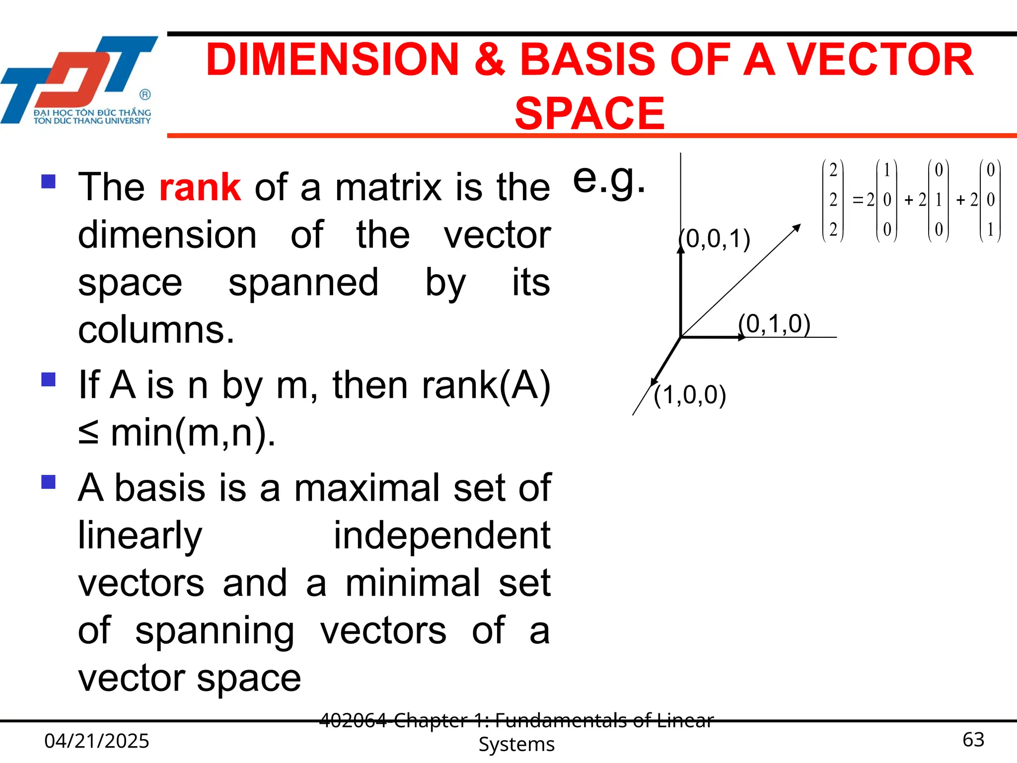 DIMENSION & BASIS OF A VECTOR
SPACE
04/21/2025
402064-Chapter 1: Fundamentals of Linear
Systems 63











































1
0
0
2
0
1
0
2
0
0
1
2
2
2
2
(0,0,1)
(0,1,0)
(1,0,0)
e.g.
 The rank of a matrix is the
dimension of the vector
space spanned by its
columns.
 If A is n by m, then rank(A)
≤ min(m,n).
 A basis is a maximal set of
linearly independent
vectors and a minimal set
of spanning vectors of a
vector space
 