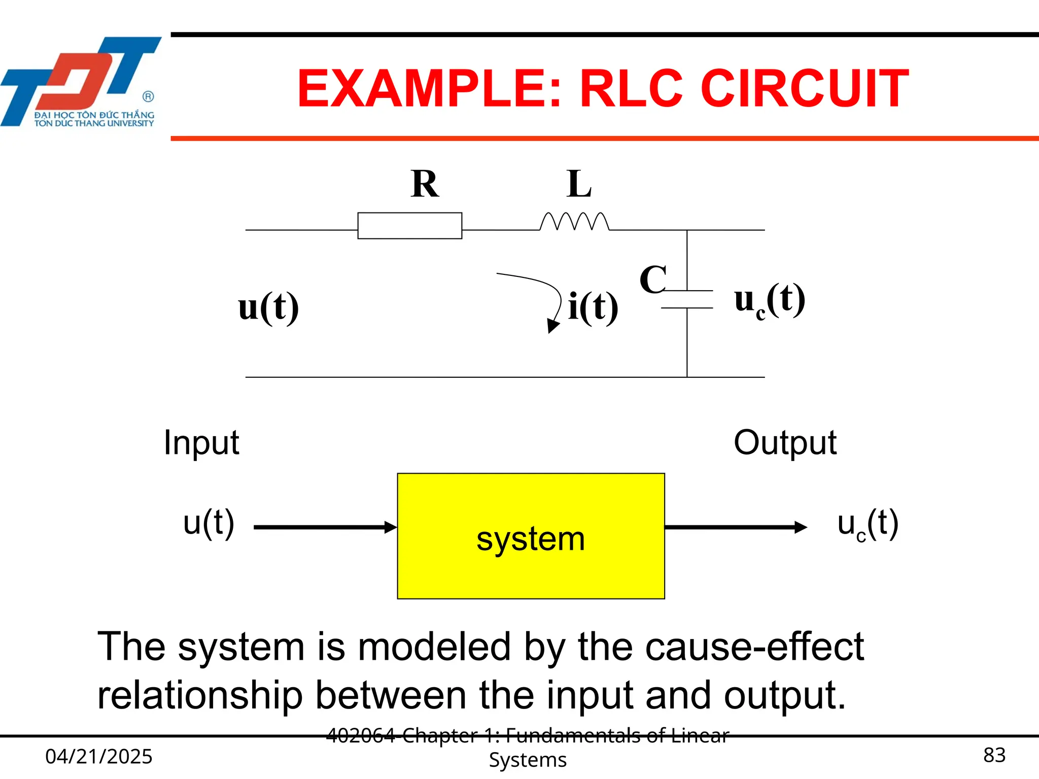 EXAMPLE: RLC CIRCUIT
04/21/2025 83
R L
C
u(t) uc(t)
i(t)
Input
u(t) system
Output
uc(t)
The system is modeled by the cause-effect
relationship between the input and output.
402064-Chapter 1: Fundamentals of Linear
Systems
 