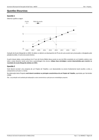 Secretaria Municipal de Educação de São Paulo - SMESP FGV – Projetos
Professor de Ensino Fundamental II e Médio (Arte) Tipo 1 – Cor BRANCA – Página 20
Questões Discursivas
Questão 1
Observe o gráfico a seguir.
Evolução da Escola Margarida no IDEB. Os dados se referem ao desempenho do 9º ano de uma escola real, processados e divulgados pela
plataforma QEdu. O nome da escola é fictício.
A partir desses dados, como professor do 1º ano do Ensino Médio dessa escola no ano de 2016, envolvido em um trabalho coletivo com
todo o corpo docente, tendo como foco a aprendizagem dos alunos, indique duas estratégias a serem desenvolvidas para reverter os
resultados da escola Margarida obtidos em 2015.
Questão 2
Você deverá escrever uma proposta de um Projeto de Trabalho a ser desenvolvido no ensino fundamental (você escolhe a série, o
componente curricular e o tema).
Na elaboração desta Proposta você deverá considerar as principais características de um Projeto de Trabalho, apontadas por Hernández
(1998).
Obs.: sua produção será avaliada pela adequação a estas características e pelo percurso metodológico proposto.
 