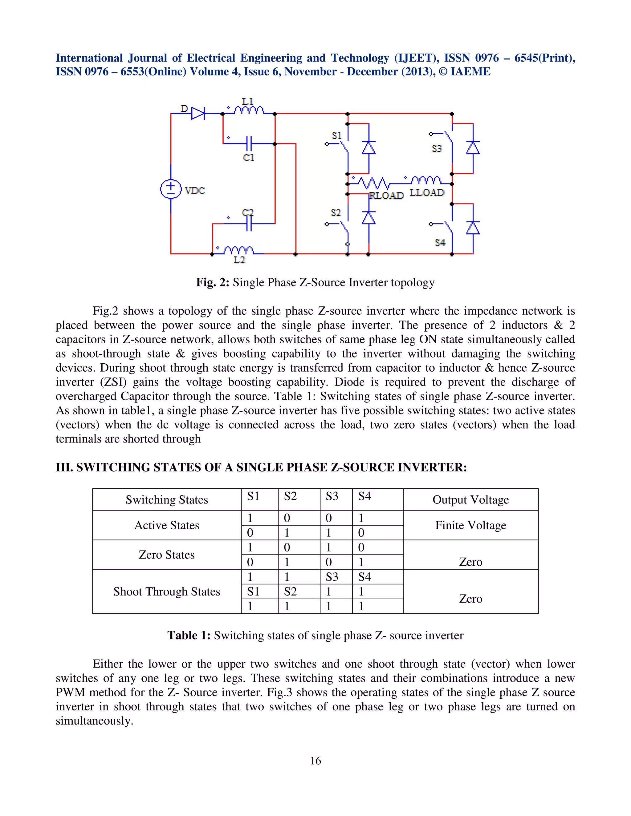 International Journal of Electrical Engineering and Technology (IJEET), ISSN 0976 – 6545(Print),
ISSN 0976 – 6553(Online) Volume 4, Issue 6, November - December (2013), © IAEME

Fig. 2: Single Phase Z-Source Inverter topology
Fig.2 shows a topology of the single phase Z-source inverter where the impedance network is
placed between the power source and the single phase inverter. The presence of 2 inductors & 2
capacitors in Z-source network, allows both switches of same phase leg ON state simultaneously called
as shoot-through state & gives boosting capability to the inverter without damaging the switching
devices. During shoot through state energy is transferred from capacitor to inductor & hence Z-source
inverter (ZSI) gains the voltage boosting capability. Diode is required to prevent the discharge of
overcharged Capacitor through the source. Table 1: Switching states of single phase Z-source inverter.
As shown in table1, a single phase Z-source inverter has five possible switching states: two active states
(vectors) when the dc voltage is connected across the load, two zero states (vectors) when the load
terminals are shorted through
III. SWITCHING STATES OF A SINGLE PHASE Z-SOURCE INVERTER:
Switching States
Active States
Zero States
Shoot Through States

S1

S2

S3

S4

1
0
1
0
1
S1
1

0
1
0
1
1
S2
1

0
1
1
0
S3
1
1

1
0
0
1
S4
1
1

Output Voltage
Finite Voltage
Zero
Zero

Table 1: Switching states of single phase Z- source inverter
Either the lower or the upper two switches and one shoot through state (vector) when lower
switches of any one leg or two legs. These switching states and their combinations introduce a new
PWM method for the Z- Source inverter. Fig.3 shows the operating states of the single phase Z source
inverter in shoot through states that two switches of one phase leg or two phase legs are turned on
simultaneously.
16

 