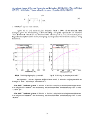 International Journal of Electrical Engineering and Technology (IJEET), ISSN 0976 – 6545(Print),
ISSN 0976 – 6553(Online) Volume 4, Issue 6, November - December (2013), © IAEME
si E 〈 Et
 0


Q=  2

 1  α + 4 α ( E − δ ) − β  si E 〉 Et
2 
α
α 

 

(28)

Et = 180W/m2; α, β and δ are constant.
Figures (9) and (10) illustrious gaits efficiency, which is 100% for the idealized MPPT
technique, against the direct coupling is characterized by a low yield, especially for low luminance
values. But from E = 900W/m2 and the values of the efficiency will be close, reconciliation proves
the good matching between the motor-pump group and the generator for the direct coupling of strong
illumination.

Fig.9. Efficiency of pumping system PV

Fig.10. Efficiency of pumping system PVT

The figures (11) and (12) represent the paces of the debits, to the direct coupling and with the
technique of MPPT according to the illuminance.

-For the PVT collector system: In the case of the direct coupling system begins to supply water
at an luminance of 280W/m2, thus maximizing power strength of the pump supplying water to from
175W/m2. [12].
-For the PVT collector system: In the case of the direct coupling system begins to supply water
at an luminance of 190W/m2, thus maximizing power strength of the pump supplying water to from
100W/m2.

118

 