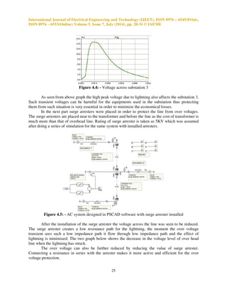 International Journal of Electrical Engineering and Technology (IJEET), ISSN 0976 – 6545(Print), 
ISSN 0976 – 6553(Online) Volume 5, Issue 7, July (2014), pp. 20-31 © IAEME 
25 
 
Figure 4.4: - Voltage across substation 3 
As seen from above graph the high peak voltage due to lightning also affects the substation 3. 
Such transient voltages can be harmful for the equipments used in the substation thus protecting 
them from such situation is very essential in order to minimize the economical losses. 
In the next part surge arresters were placed in order to protect the line from over voltages. 
The surge arresters are placed near to the transformer and before the line as the cost of transformer is 
much more than that of overhead line. Rating of surge arrester is taken as 5KV which was assumed 
after doing a series of simulation for the same system with installed arresters. 
Figure 4.5: - AC system designed in PSCAD software with surge arrester installed 
After the installation of the surge arrester the voltage across the line was seen to be reduced. 
The surge arrester creates a low resistance path for the lightning, the moment the over voltage 
transient sees such a low impedance path it flow through low impedance path and the effect of 
lightning is minimized. The two graph below shows the decrease in the voltage level of over head 
line when the lightning has struck. 
The over voltage can also be further reduced by reducing the value of surge arrester. 
Connecting a resistance in series with the arrester makes it more active and efficient for the over 
voltage protection. 
 