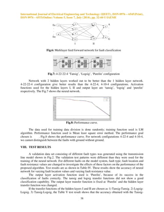 International Journal of Electrical Engineering and Technology (IJEET), ISSN 0976 
ISSN 0976 – 6553(Online) Volume 5, Issue 7, July (2014), pp. 
V. DESIGN OF FAULT DETECTION 
32-44 © IAEME 
DETECTION, CLASSIFICATION AND LOCATION 
The design process of proposed fault detection, classification and location approach is 
shown in Fig.3 Combination of different fault conditions are to be considered and training patterns are 
required to be generated by simulating different kinds k 
of faults on the power system. The fault 
resistance, fault location, and fault type are changed to generate different training patterns. 
Data acquisition of current signals 
D.W.T multiresolution analysis, 
. 
calculation, fault detection based on energy 
ANN based classification and Location of 
Fig.3: Process of fault detection 
VI. FAULT DETECTION 
detection, classification and Location 
The signals taken from the scope are 
filtered, sampled at 20 kHz sampling frequency. Then 
DWT is applied up to level 5, and detail coefficients 
detail coefficients energy is calculated. 
amount of energy than the level 4 [11], 
taken and decomposition is done and 
data window. As the fault signals contain the high 
signal increases at the occurrence of fault as shown in F 
Here, for detecting the fault, 
considered. The energy of detail coefficients for a 
Where, k=window number, l=level of the DWT, N=length of Detail coefficients at level l. 
accurately detecting the 
Fig. 4: Energy of the detail level 5 vs. window number 
35 
and approximate coefficients are calculated and 
Then, we come to know that detail level 5 contains highest 
[12]. A moving data window of one cycle ( 
energy of the details coefficients at level 5 is 
amount of harmonic components, the 
ccurrence Fig.4 
, difference of energies between two adjacent windows 
. window is given by equation (1), 
(1) 
Energy 
Feature extraction 
faults 
– 6545(Print), 
as 
inds 400 samples) is 
obtained for each 
energy of the 
has been 
For 
 