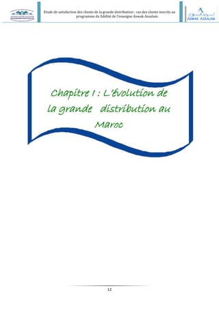 Etude de satisfaction des clients de la grande distribution : cas des clients inscrits au
programme de fidélité de l’enseigne Aswak Assalam.
12
Chapitre I : L’évolution de
la grande distribution au
Maroc
 
