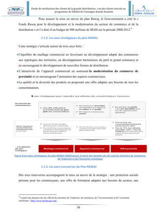 Etude de satisfaction des clients de la grande distribution : cas des clients inscrits au
programme de fidélité de l’enseigne Aswak Assalam.
26
Pour assurer la mise en œuvre du plan Rawaj, le Gouvernement a créé le «
Fonds Rawaj pour le développement et la modernisation du secteur du commerce et de la
distribution » et l’a doté d’un budget de 900 millions de MAD sur la période 2008-2012.9
1.1.2. Les axes stratégiques du plan RAWAJ
Cette stratégie s’articule autour de trois axes forts :
l’équilibre du maillage commercial en favorisant un développement adapté des commerces
aux typologies des territoires, un développement harmonieux du petit et grand commerce et
en encourageant le développement de nouvelles formes de distribution.
L’attractivité de l’appareil commercial en soutenant la modernisation du commerce de
proximité et en encourageant l’animation des espaces commerciaux.
La qualité et la diversité des produits en proposant une offre adaptée aux besoins de tous les
consommateurs.
1.1.3. Les axes transverses du Plan RAWAJ
Des axes transverses accompagnent la mise en œuvre de la stratégie : une protection sociale
pérenne pour les commerçants, une offre de formation adaptée aux besoins du secteur, une
9
A partir des données du site officiel du ministère de l’industrie, du commerce, de l’investissement et de l’économie
numérique / http://www.mcinet.gov.ma/ .
Figure 3:Les axes stratégiques du plan RAWAJ 2020/source: A partir des données du site web du ministère du commerce,
de l'industrie et de l'économie numérique
 