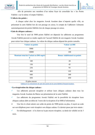 Etude de satisfaction des clients de la grande distribution : cas des clients inscrits au
programme de fidélité de l’enseigne Aswak Assalam.
54
afin de permettre aux membres d’un même foyer de consolider les « les Points
Fidélité » sur le même «Compte Fidélité».
Collecte des points :
A chaque achat chez les magasins Aswak Assalam dans n’importe quelle ville, en
présentant la carte fidélité lors de son passage en caisse, le compte de l’adhérent s’alimente
automatiquement de points fidélités lors de chaque passage en caisse.
Gain de chèques cadeaux :
Une fois le seuil de 5000 points fidélité est dépassée les adhérents au programme
Aswak Fidélité peuvent se rendre auprès de l’accueil fidélité de son magasin Aswak Assalam
pour retirer leur chèque cadeaux. La valeur du chèque cadeau dépend des points cumulés.
Valeur en points Valeur en DH
5000 50
10000 100
Montant total de l’achat en DH supérieur
à
Bonus Additionnel en points
100 20
150 45
250 95
400 195
600 300
850 450
Et plus encore
Tableau 4: Le mécanisme de gain des points de la carte fidélité d'Aswak Assalam.
La récupération du chèque cadeau :
 Les adhérents peuvent récupérer et utiliser leurs chèques cadeaux dans tous les
magasins Aswak Assalam du Maroc sur présentation de la carte Fidélité.
 Les adhérents du programme Aswak Fidélité ont la possibilité de récupérer leurs
chèques cadeau dabs un délai de 3 mois dés la réception d’un SMS d’information.
 Une fois le client atteint son solde de points de 5000 points ou plus, il reçoit un code
sur son téléphone pour venir récupérer son chèque cadeau. Ce dernier passe par trois statuts :
 En téléchargement : si le client ne la pas encore récupérer, sa durée de validité est de 3
mois.
 