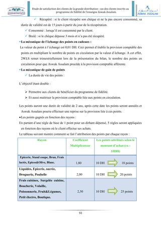 Etude de satisfaction des clients de la grande distribution : cas des clients inscrits au
programme de fidélité de l’enseigne Aswak Assalam.
55
 Récupéré : si le client récupère son chèque et ne la pas encore consommé, sa
durée de validité est de 15 jours à partir du jour de la récupération.
 Consommé : lorsqu’il est consommé par le client.
 Brulé : si le chèque dépasse 3 mois et n’a pas été récupéré.
La mécanique de l’échange des points en cadeaux :
La valeur du point à l’échange est 0,01 DH. Ceci permet d’établir la provision comptable des
points en multipliant le nombre de points en circulation par la valeur d’échange. A cet effet,
2WLS remet trimestriellement lors de la présentation du bilan, le nombre des points en
circulation pour que Aswak Assalam procède à la provision comptable afférente.
La mécanique de gain de points
 La durée de vie des points :
L’objectif étant double :
 Permettre aux clients de bénéficier du programme de fidélité.
 Et aussi maitriser la provision comptable liée aux points en circulation.
Les points auront une durée de validité de 2 ans, après cette date les points seront annulés et
Aswak Assalam pourra effectuer une reprise sur la provision liée à ces points.
Les points gagnés en fonction des rayons :
En partant d’une règle de base de 1 point pour un dirham dépensé, 5 règles seront appliquées
en fonction des rayons où le client effectue ses achats.
Le tableau suivant montre comment se fait l’attribution des points par chaque rayon :
Rayon Coefficient
Multiplicateur
Les points attribués selon le
montant d’achat (ex :
10DH)
Epicerie, Stand coupe, Brun, Frais
lactés, Epices&Olive, Blanc. 1,80 10 DH 18 points
Liquides, Epicerie, sucrée,
Droguerie, Poubelle 2,00 10 DH 20 points
Frais cuisines, Surgelée cuisine,
Boucherie, Volaille,
Poissonnerie, Fruit&Légumes,
Petit électro, Boutique.
2,50 10 DH 25 points
 