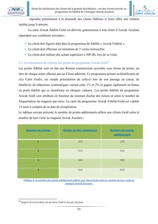Etude de satisfaction des clients de la grande distribution : cas des clients inscrits au
programme de fidélité de l’enseigne Aswak Assalam.
57
répondre précisément à la demande des clients fidélisés et leurs offrir une relation
inédite jusqu’à présent.
La carte Aswak fidélité Gold est délivrée gratuitement à tout client d’Aswak Assalam
répondant aux conditions suivantes :
 Le client doit figurer déjà dans le programme de fidélité « Aswak Fidélité ».
 Le client doit effectuer un minimum de 3 visites mensuelles.
 Le client doit réaliser des achats supérieurs à 300 Dh, lors de sa visite.
2.3. Le mécanisme de collecte des points du programme Aswak Gold24
.
Les points fidélité sont en fait une Remise commerciale accordée sous forme de points, au
titre de chaque achat effectué par un Client adhérent. Ce programme permet au bénéficiaire de
«La Carte Gold», sur simple présentation de celle-ci lors de son passage en caisse, de
bénéficier de réductions systématiques variant entre 1% et 2% et gagner également un bonus
en point fidélité qui se transforme en chèques cadeaux. Les points fidélité du programme
Aswak Gold sont attribués en fonction du montant d'achat des tickets et selon le nombre de
fréquentation du magasin par mois. La carte du programme Aswak Fidélité Gold est valable
12 mois à compter de sa date de récupération.
Le tableau suivant présente le nombre de points additionnels offerts aux clients Gold selon le
nombre de leur visite au magasin Aswak Assalam :
Nombre de visites Panier en DH (minimum) Nombre de points
additionnels
1 300 100
2 300 200
3 300 400
4 300 900
Tableau 6: le nombre des points additionnels offerts aux clients Gold selon le nombre de leur visite au
magasin Aswak Assalam.
24
Inspiré de la brochure de la Carte Gold d’Aswak Assalam.
 